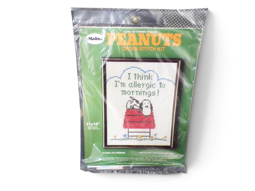 Peanuts Snoopy on Doghouse I Think I'm Allergic To Mornings! Cross Stitch Kit
